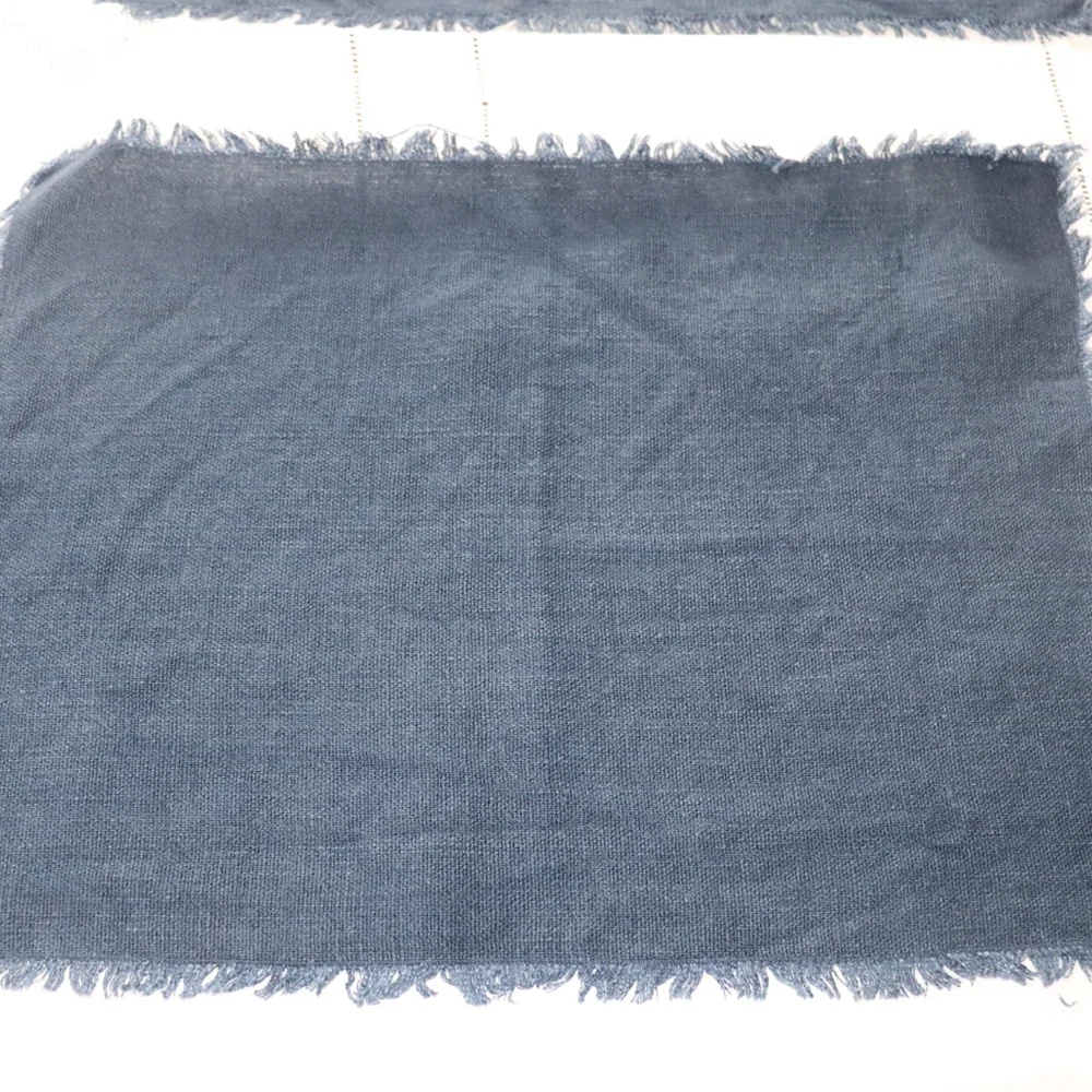 Williams Sonoma Woven Linen Navy Blue Placemats with Fringed Edge Set of 8